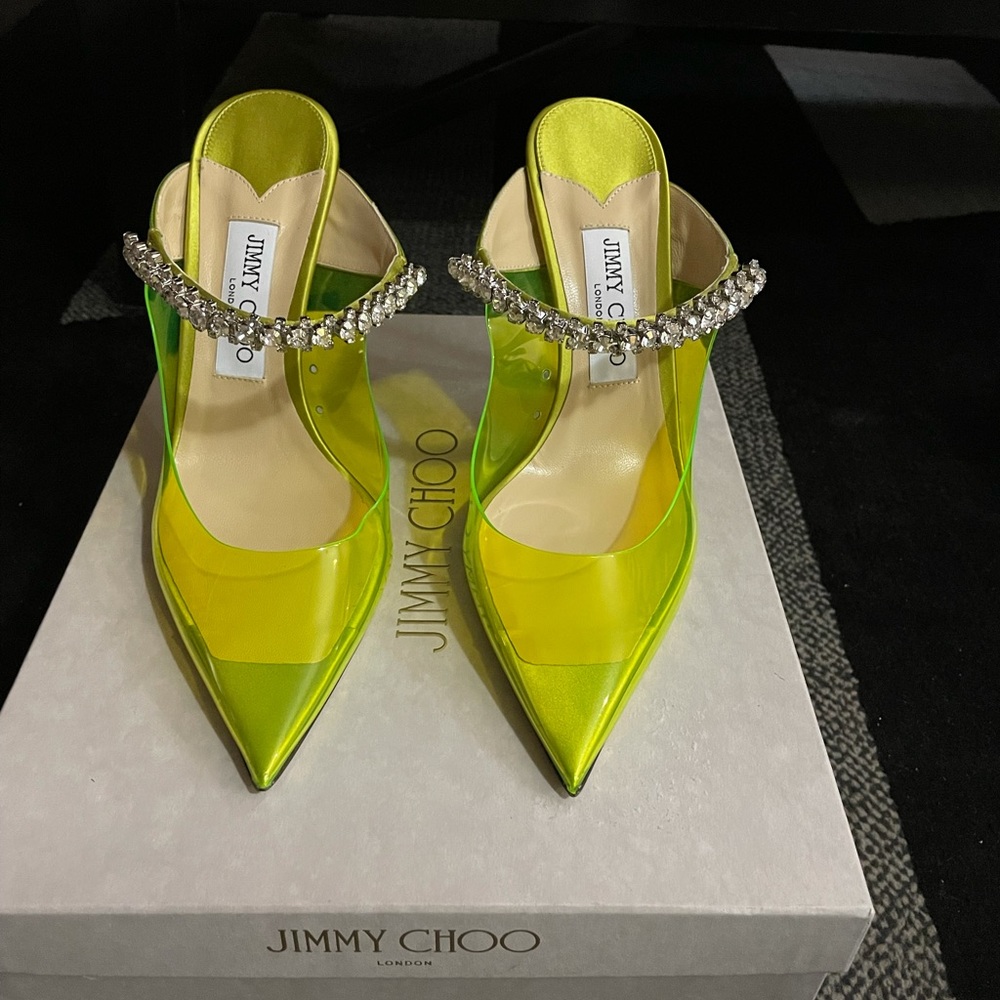 Jimmy Choo Neon Yellow PVC Pointed Mules with Crystal Strap